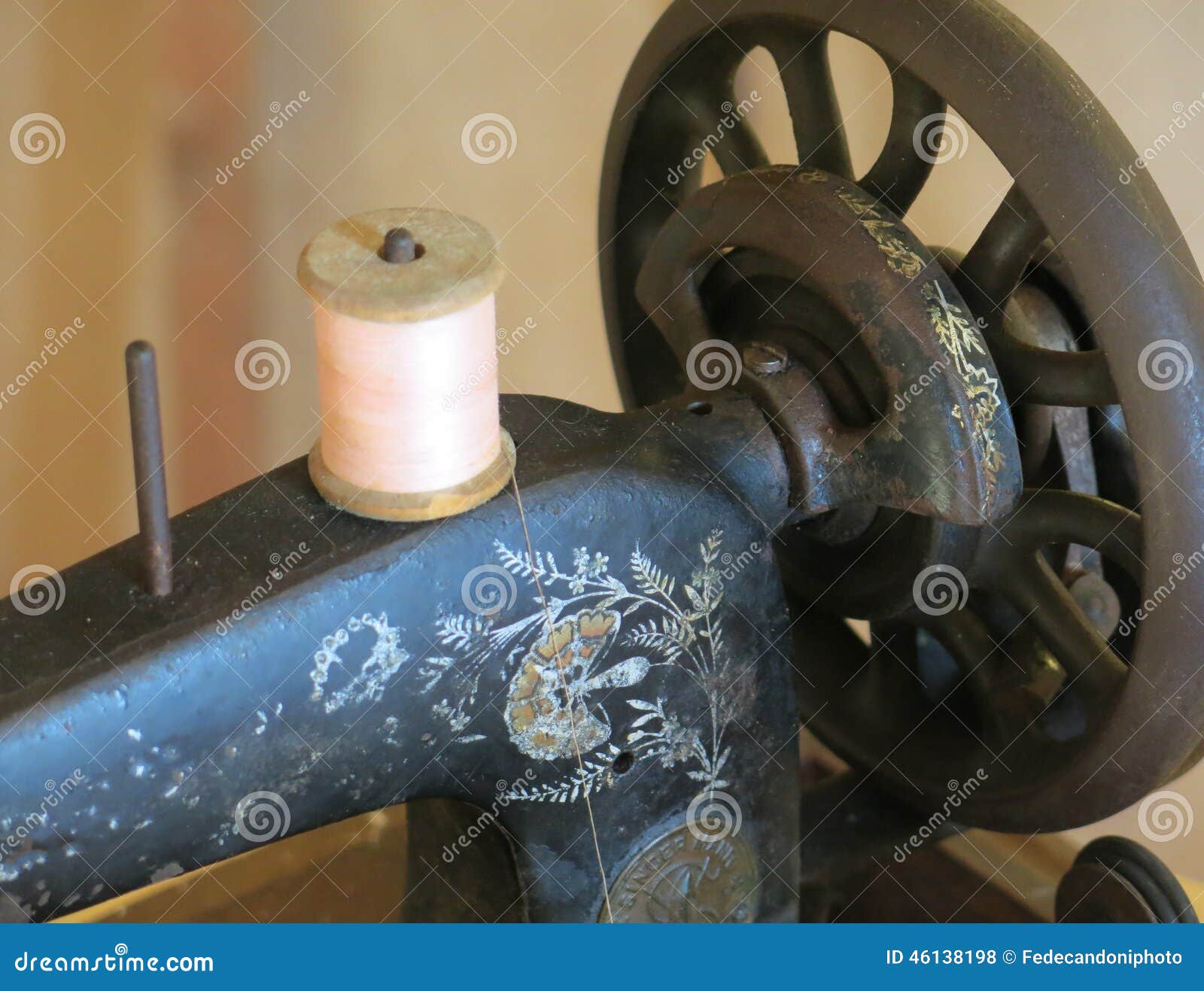 Antique Cast Iron Sewing Machine Sewing with Twine Stock Photo Image