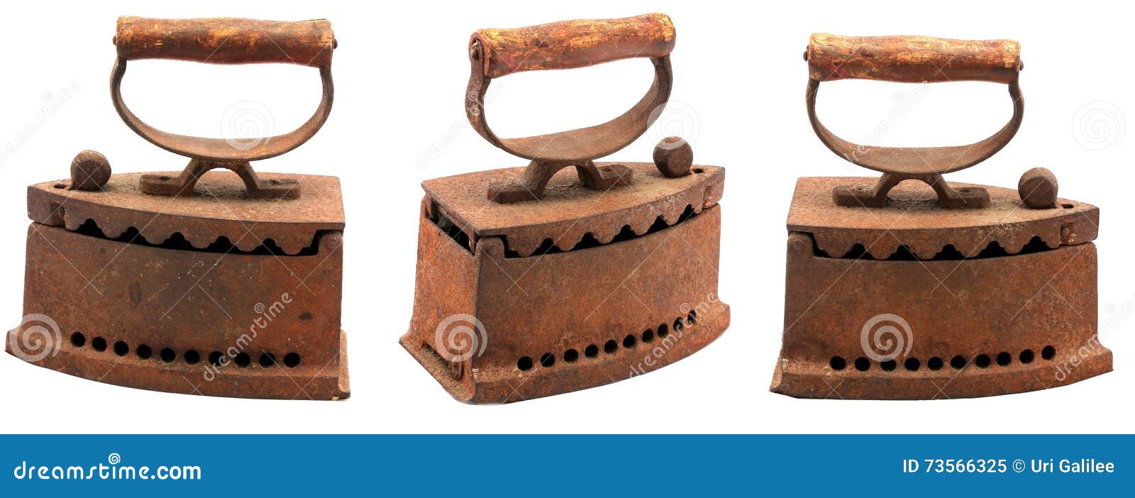 Antique Charcoal Irons. Vintage Irons In Row On Wooden Shelf.Old