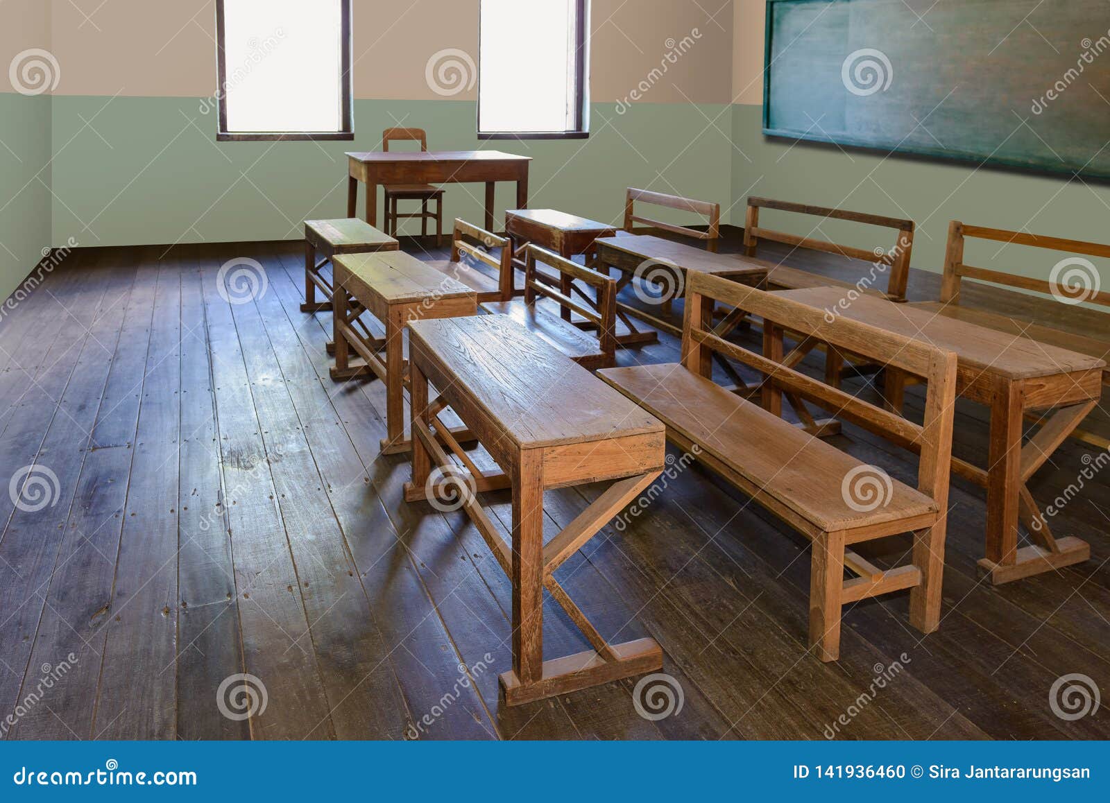 Antique Classroom In School With Rows Of Empty Wooden Desks Stock