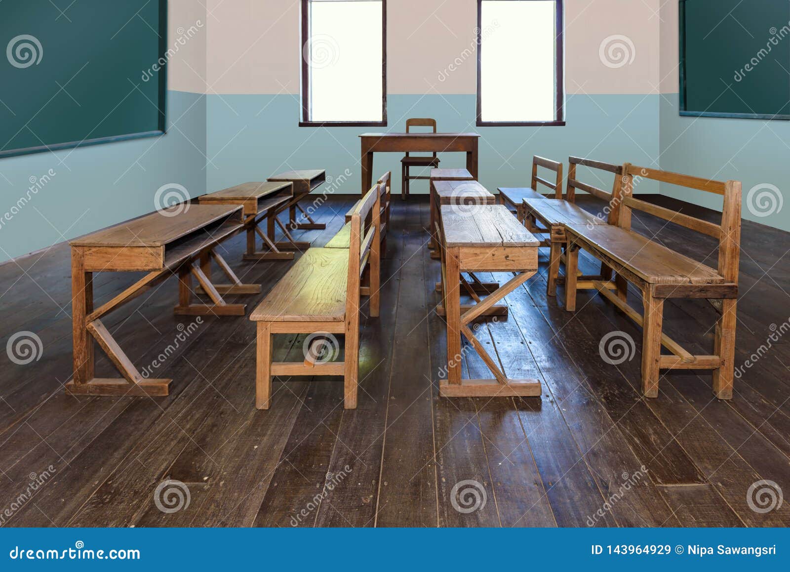 Antique Classroom In School With Rows Of Empty Wooden Desks Stock Image