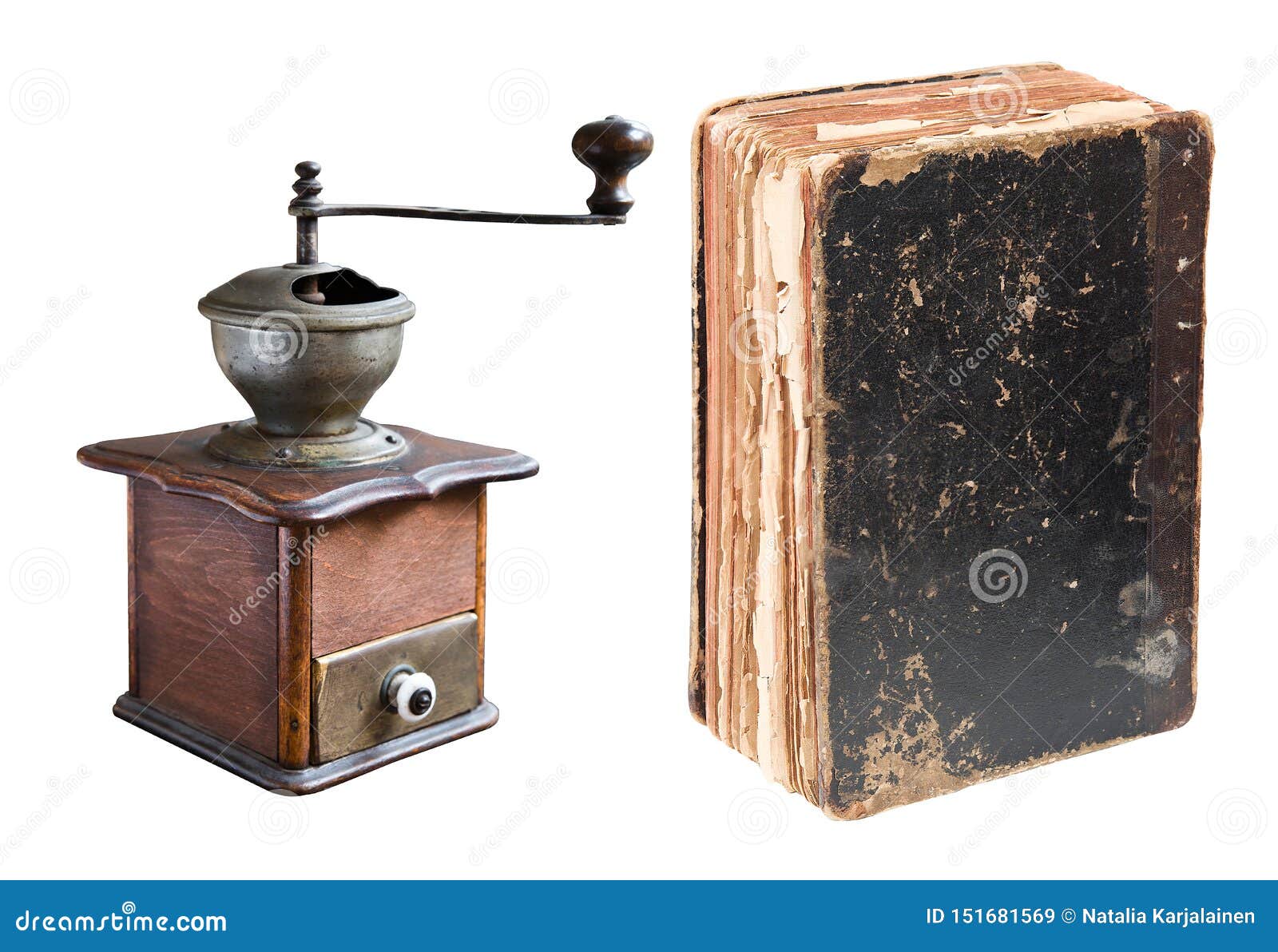 Antique Coffee Grinder and Book Isolated on White Stock Image Image