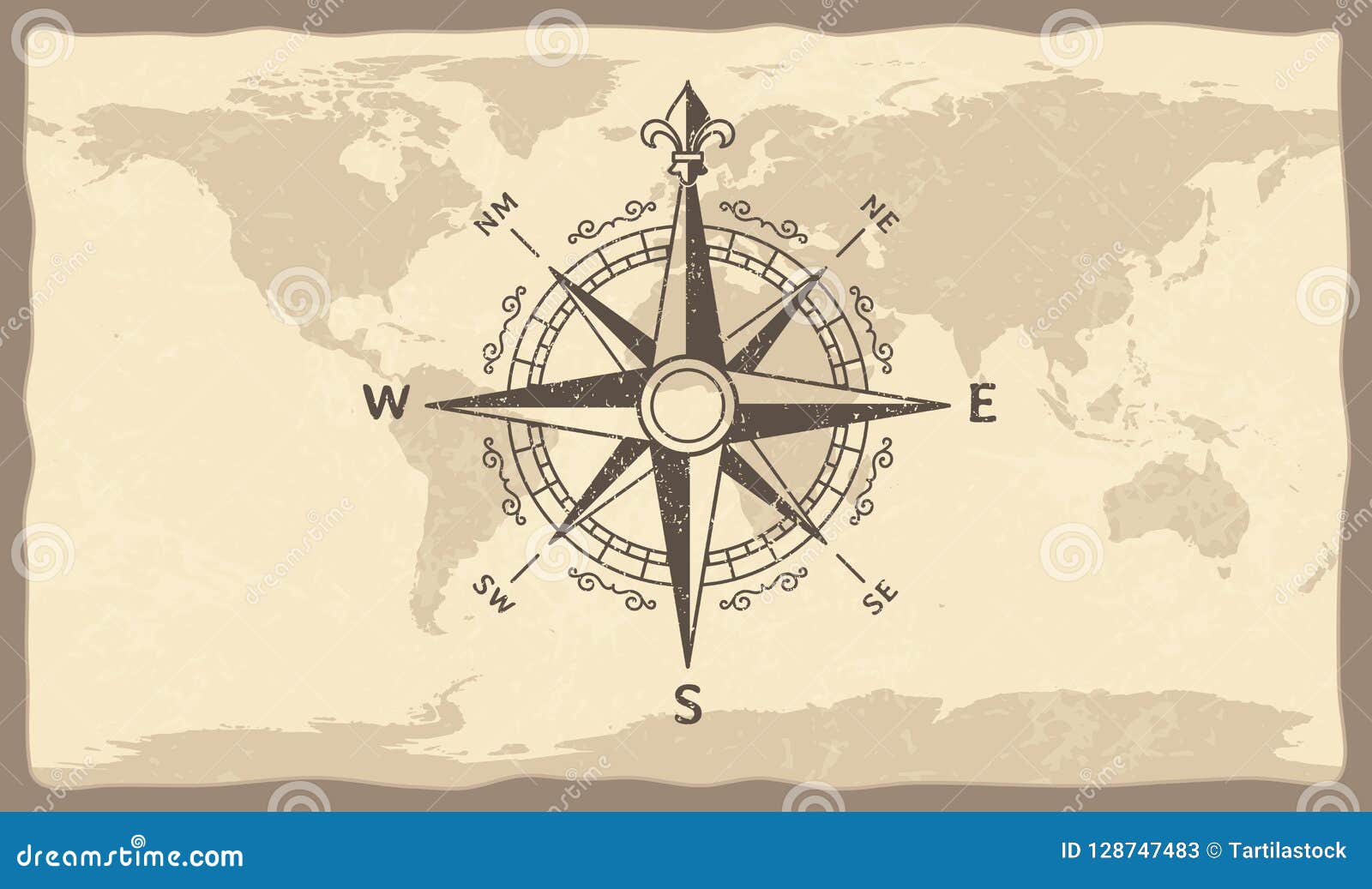 antique compass on world map. vintage geographic history maps with marine compasses arrows  