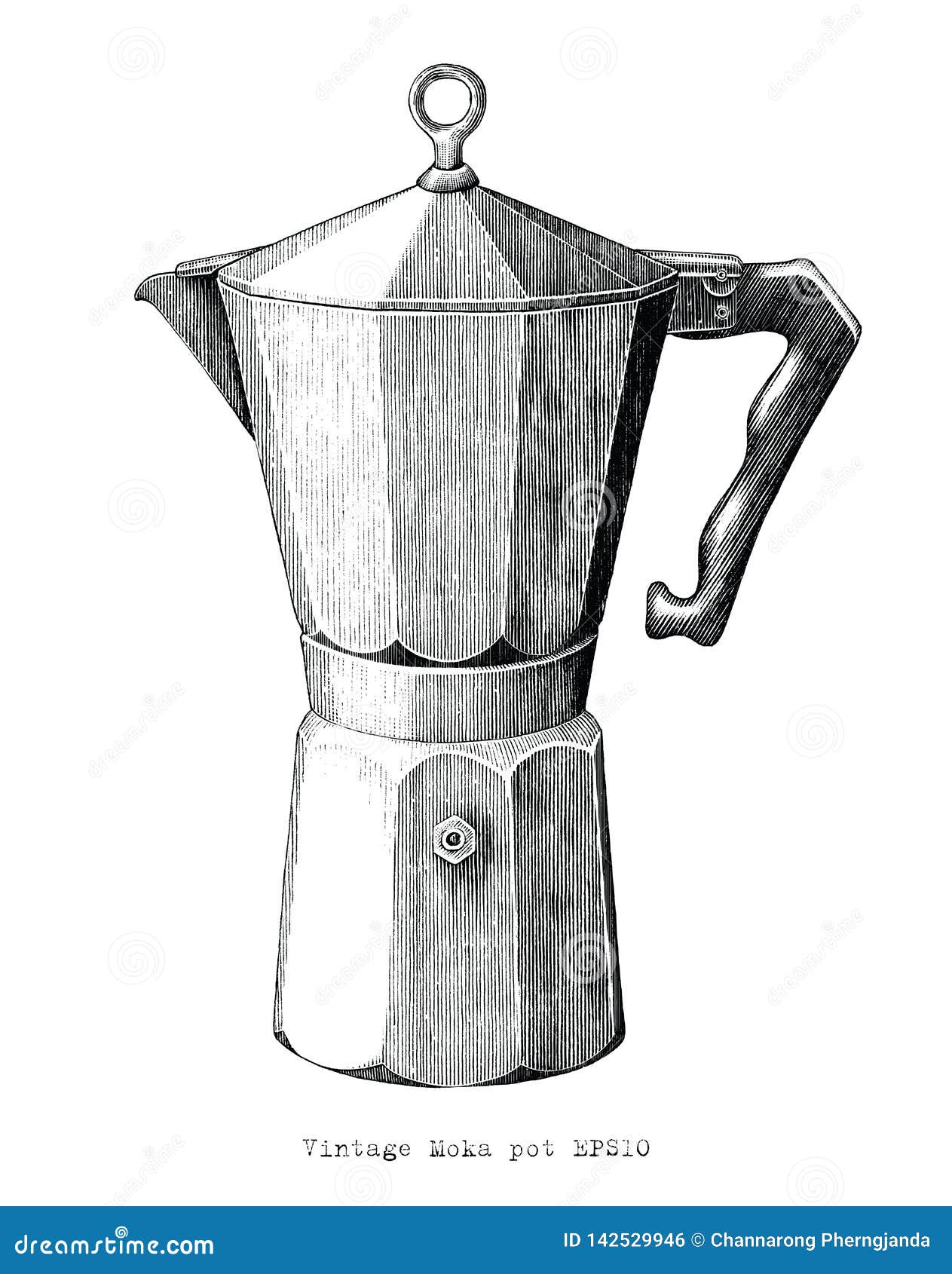 antique engraving  of moka pot black and white clip art  on white background