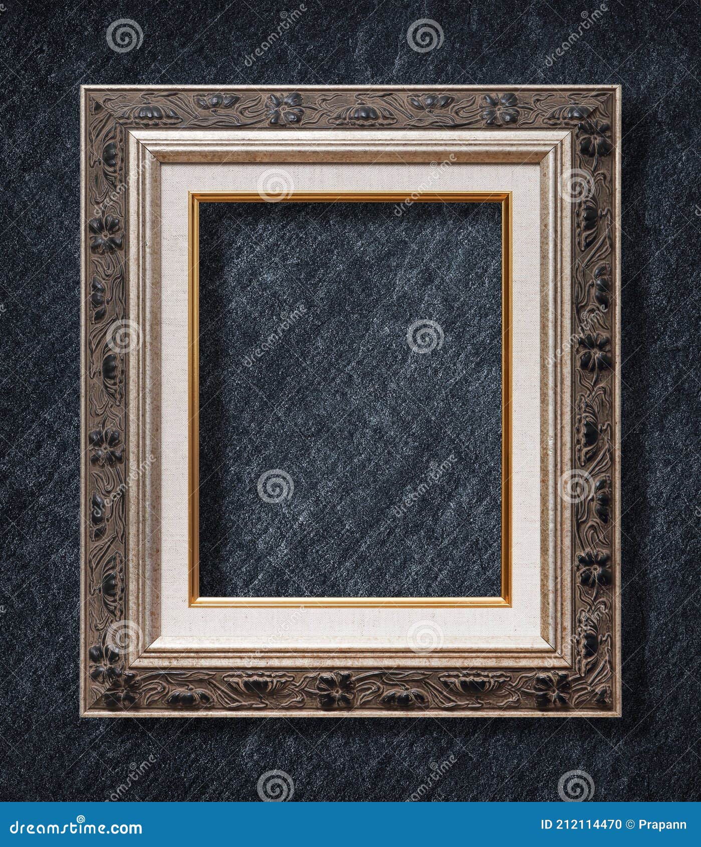 The Antique Frame on Dark Grey Black Slate Background or Texture Stock