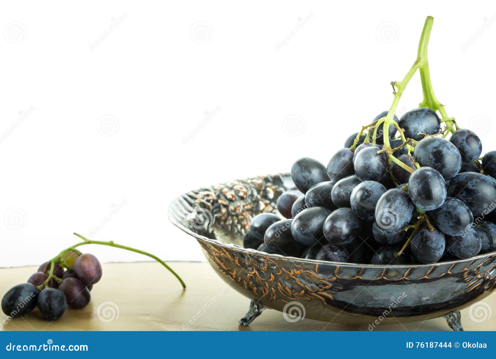 Antique Fruit Bowl With Cluster Of Grapes, On White Background. Stock