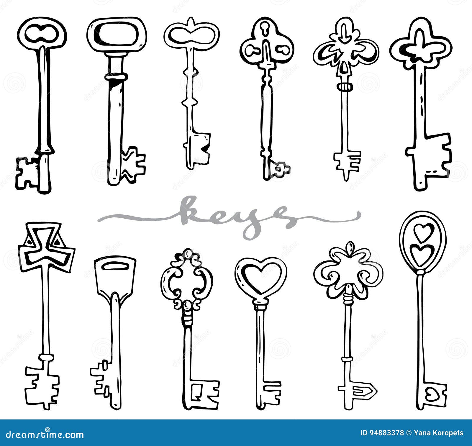 Set of hand drawn antique keys. Sketch style of vintage key on white  background. Old design illustration. Vector. Stock Vector