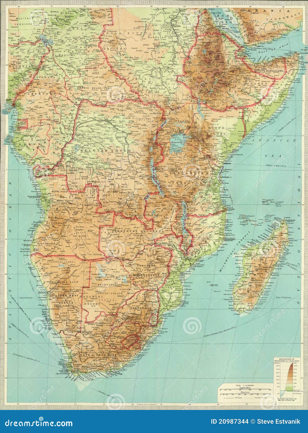 Antique Map of Central & Southern Africa. Stock Photo - Image of detail
