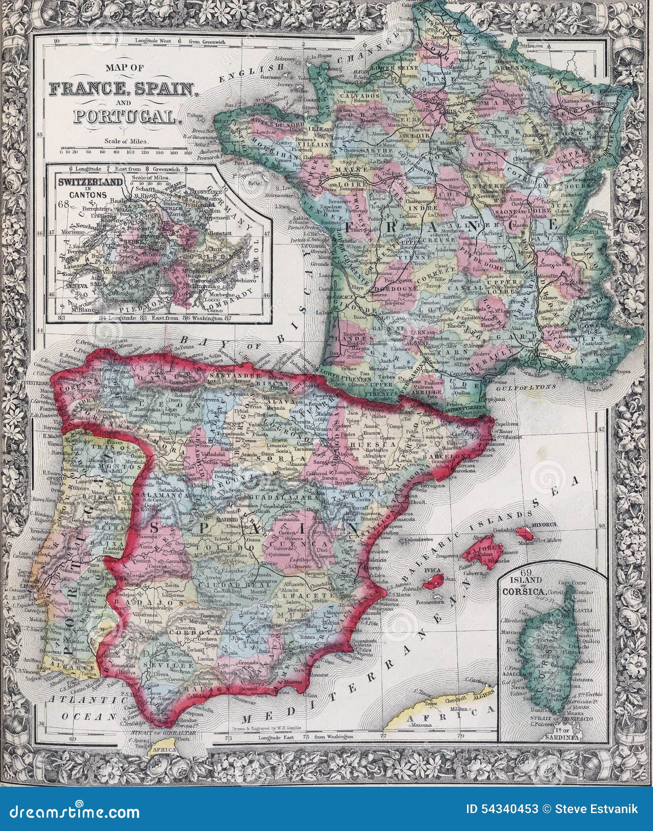 Antique Map of Spain, France and Portugal Stock Image - Image of