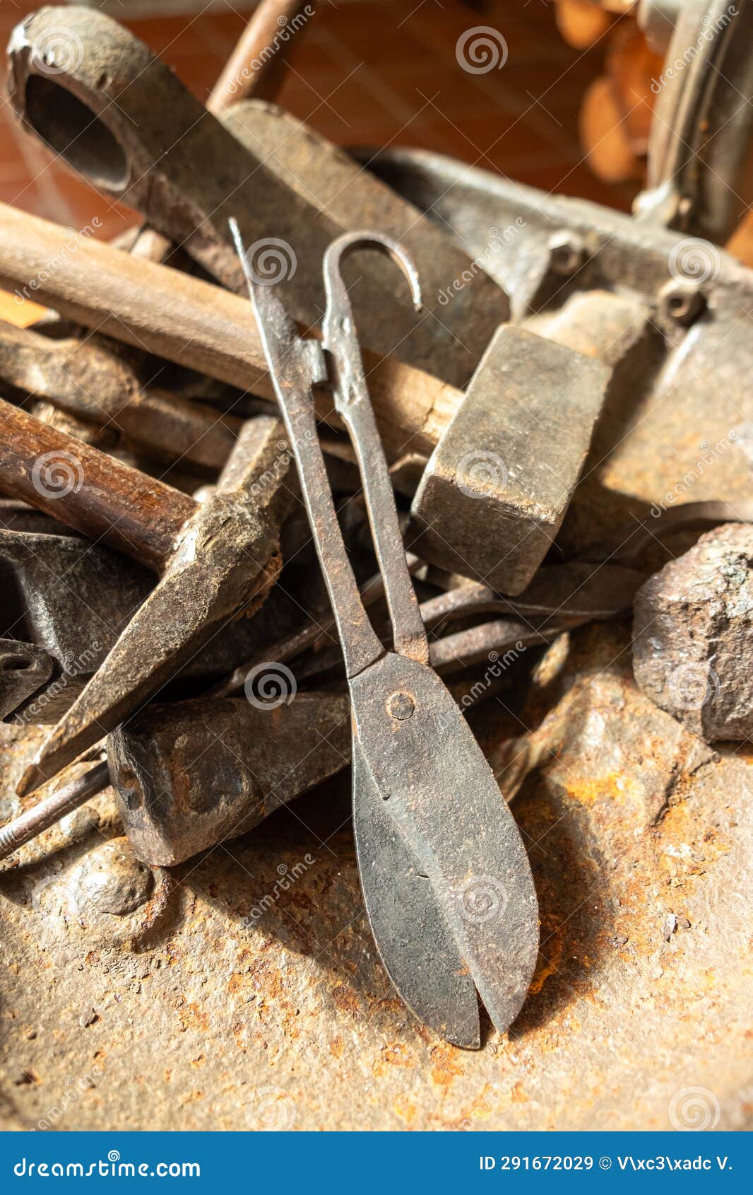 Antique Metal Tools for Traditional Blacksmithing. Old Work Tools Stock