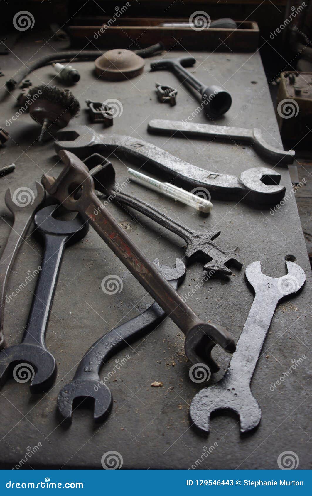 Antique Metal Tools on Workbench Stock Image Image of garage, vintage