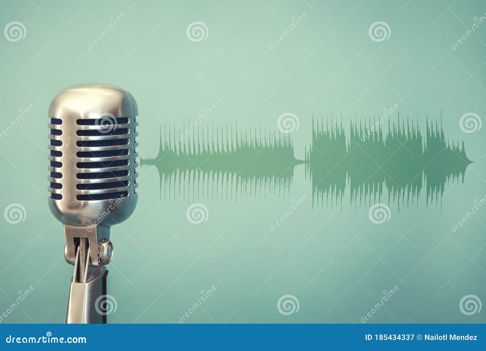 Antique Microphone on Green Background and Audio Waveform Stock Image