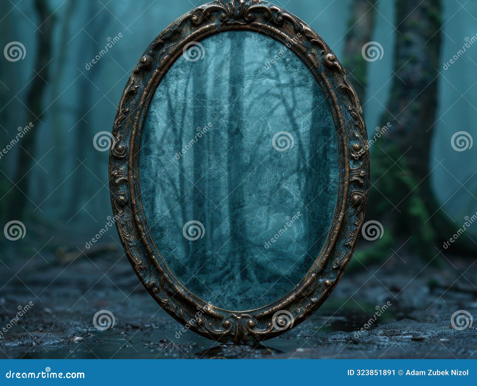 antique mirror in a dark forest