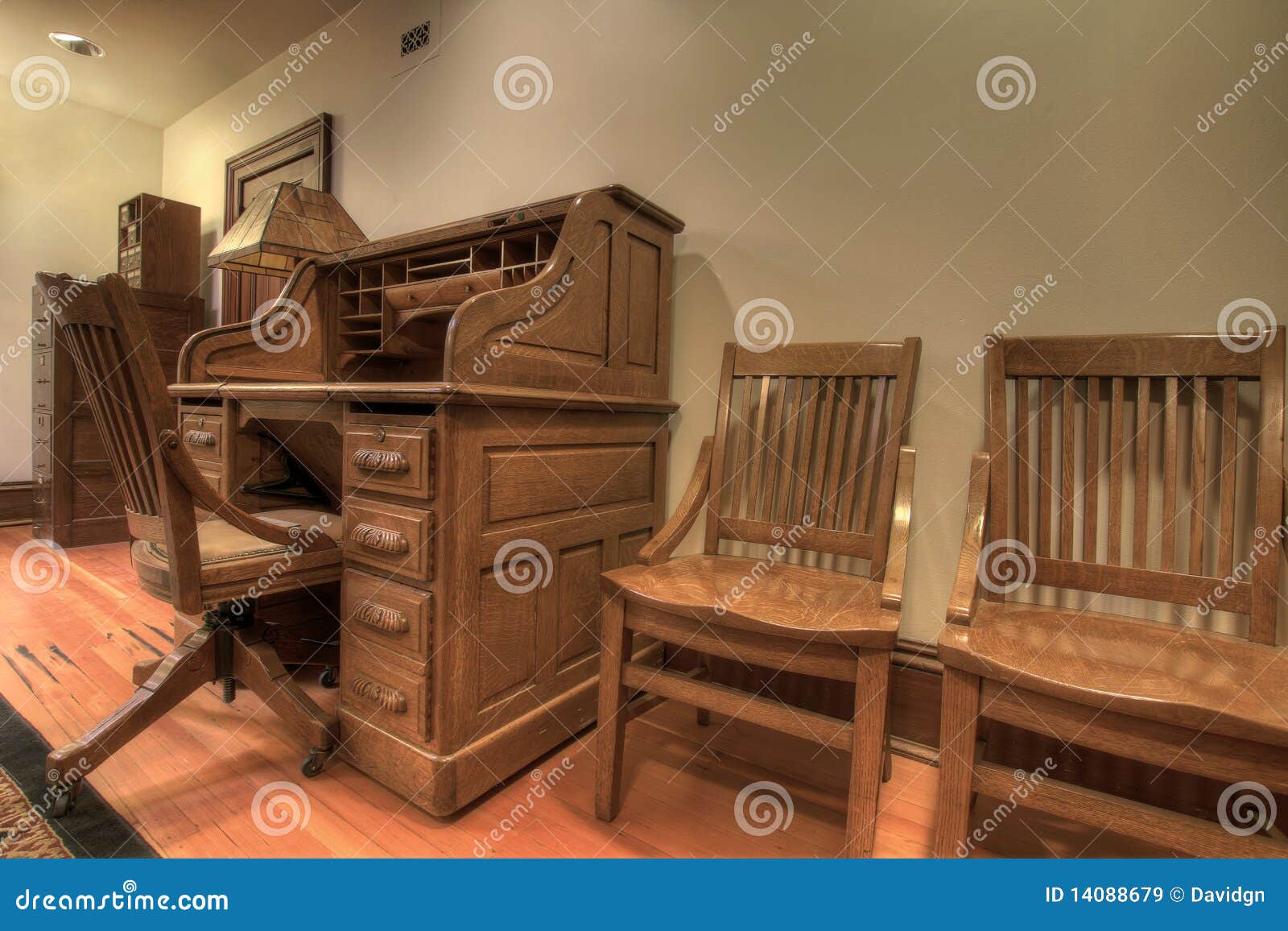 Antique Oak Roll Top Desk Stock Image Image Of Chairs 14088679