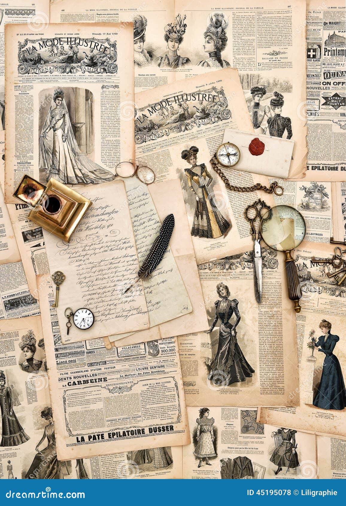 Vintage Fashion Newspaper Texture. Collage Of Woman Retro Old Fashion  Newspaper Magazines With Female Clothes Of 1893 Paris. Horizontal  Background Stock Photo, Picture and Royalty Free Image. Image 96487638.