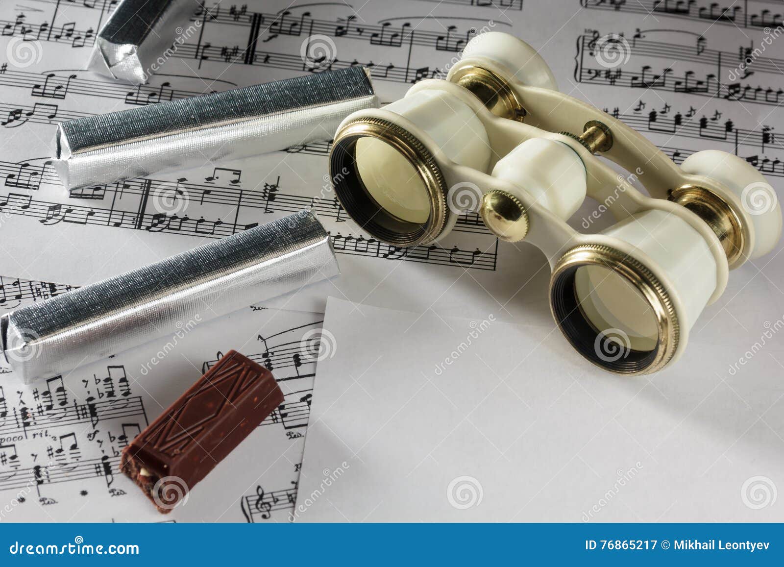 Antique Opera Glasses Rest on a Musical Notes. Stock Image Image of binoculars, pearl 76865217