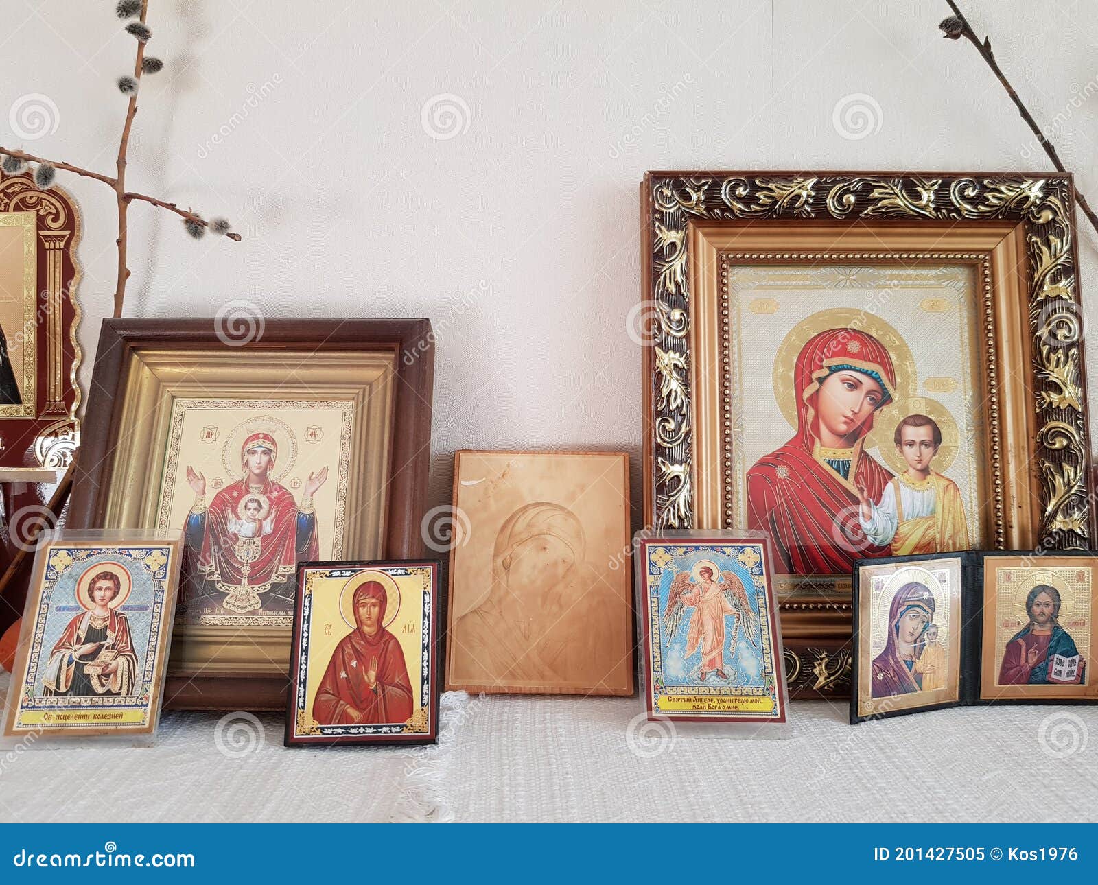 Antique Orthodox Christian Icons on the Shelf Stock Illustration