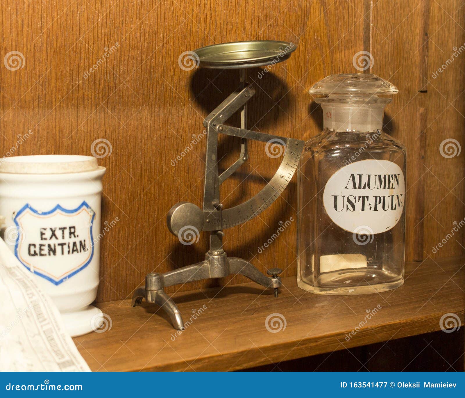 Accurate, Medical, Vintage, Antique Powder Scales Standing on a Shelf