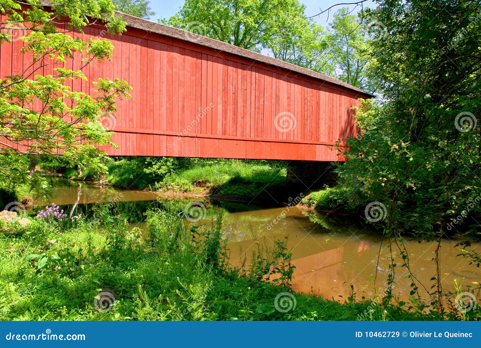 Antique Red Wood Covered Bridge Over a River Creek Stock Image Image