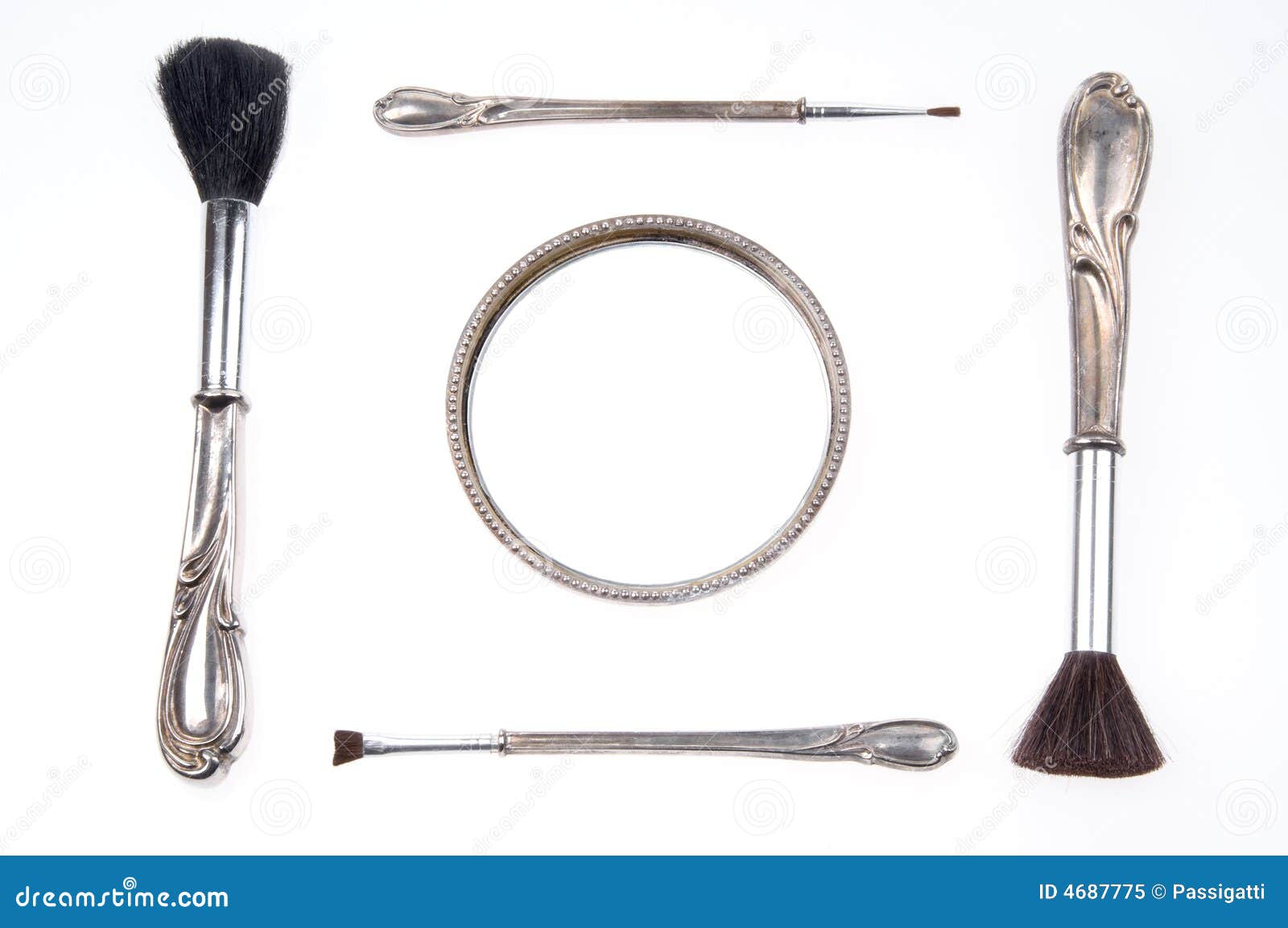 Antique Retro Makeup Brush Set and Mirror Stock Image Image of