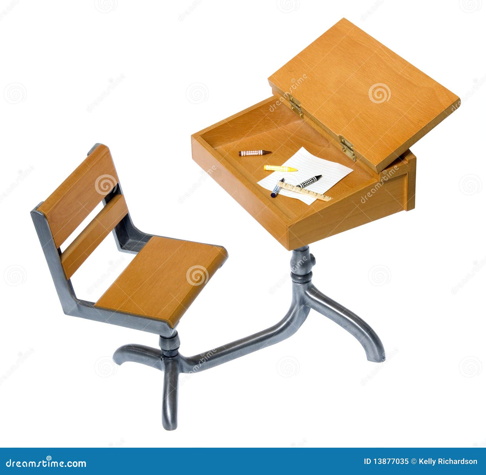 Antique School Desk With Writing Materials Inside Stock Image
