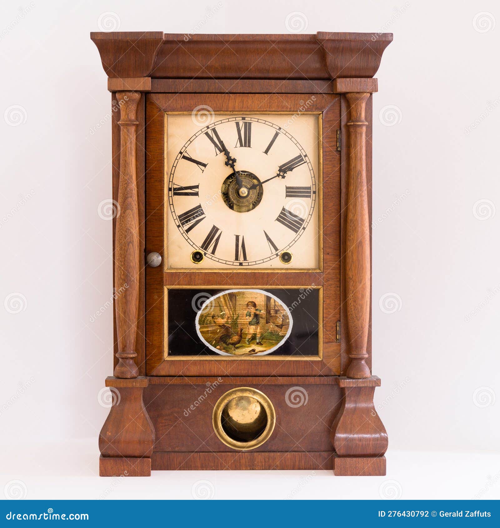 Antique Seth Thomas Cherry Wood Mantle Clock with Reverse Painting and Display Window for