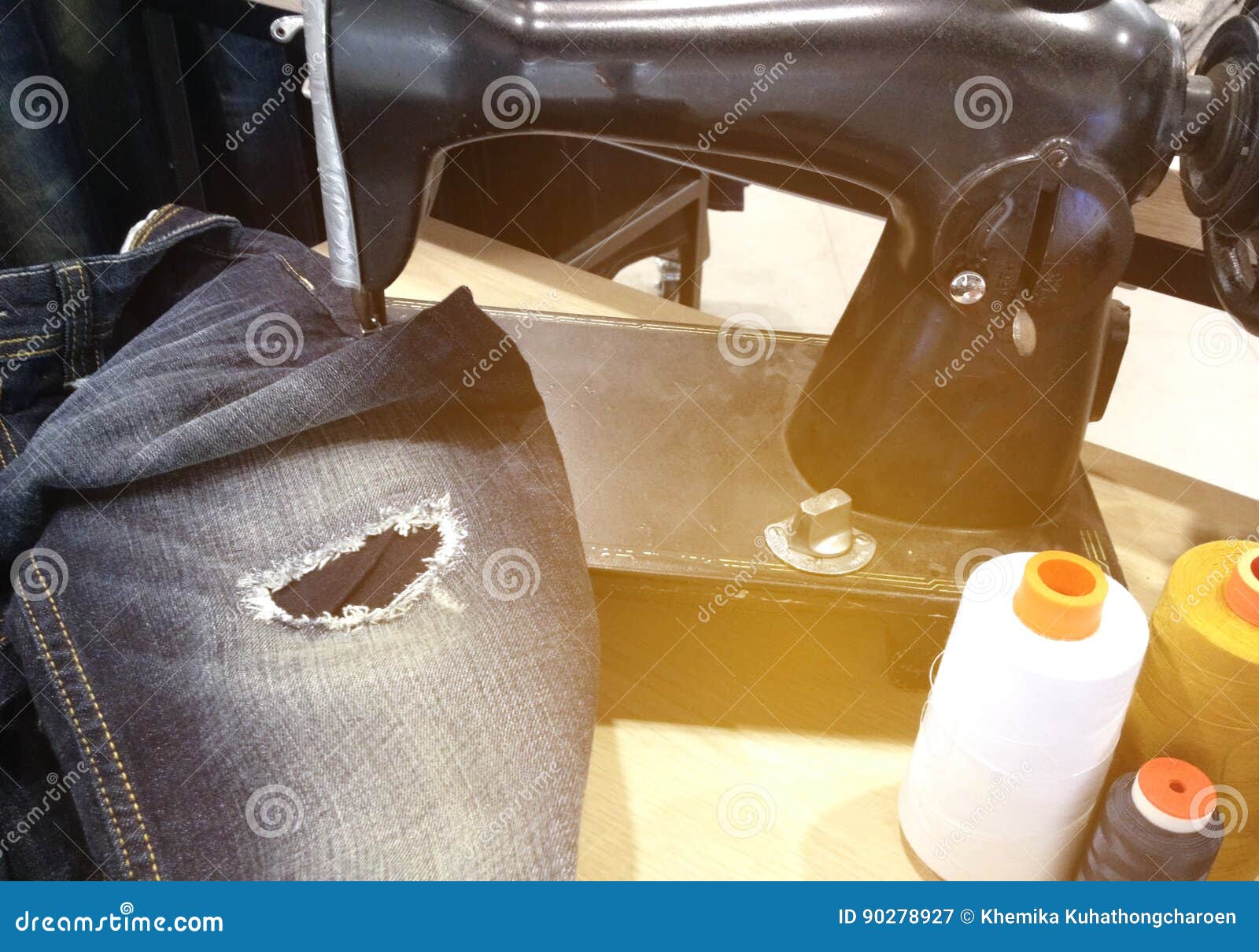 Antique Sewing Machine and Blue Jeans Stock Image Image of factory