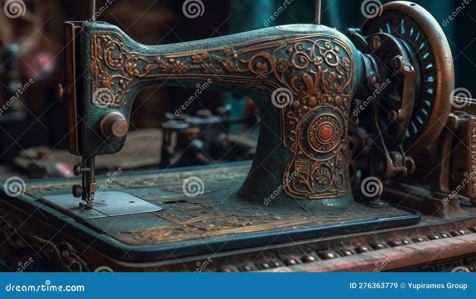 Antique Sewing Machine Spool, Close Up, Working Skill Generated by AI