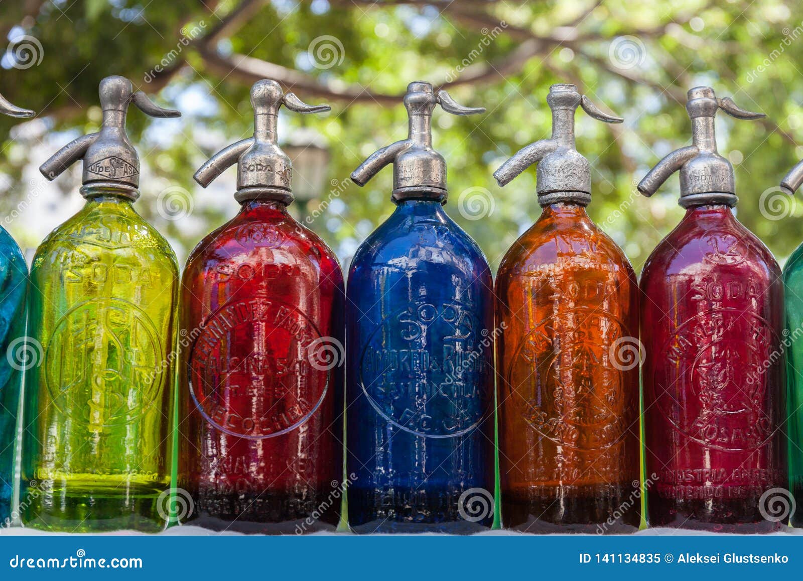 Antique Siphons Bottles Bright, Colored Glass in Flea Market, Buenos ...