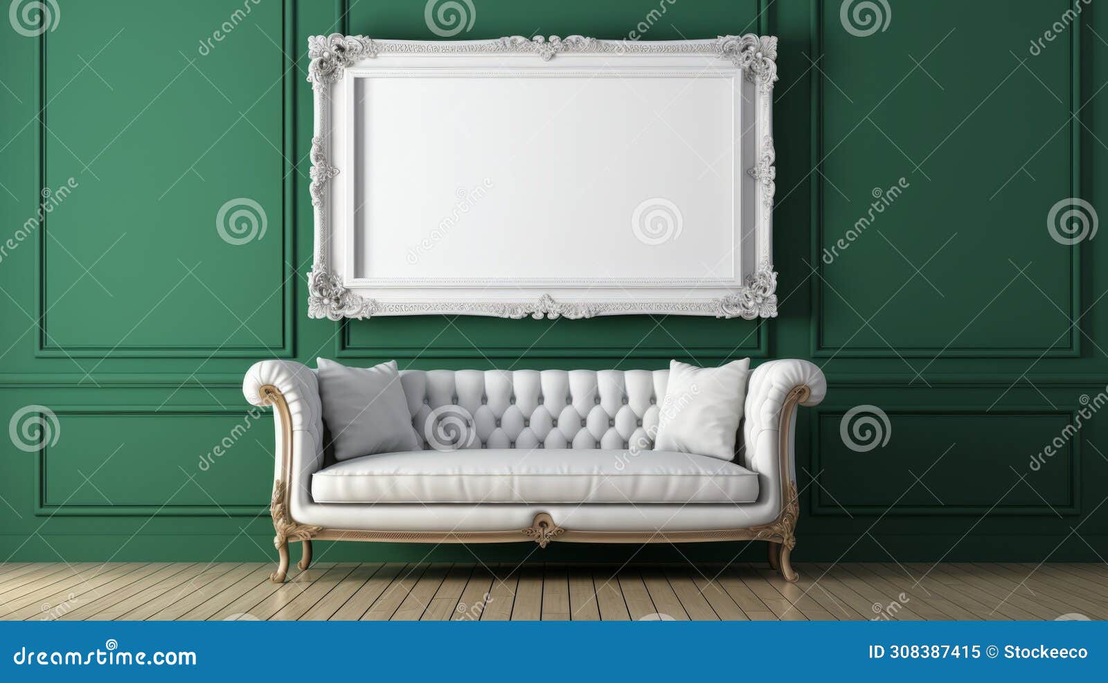 baroque grandiosity: white couch with frame against green wall