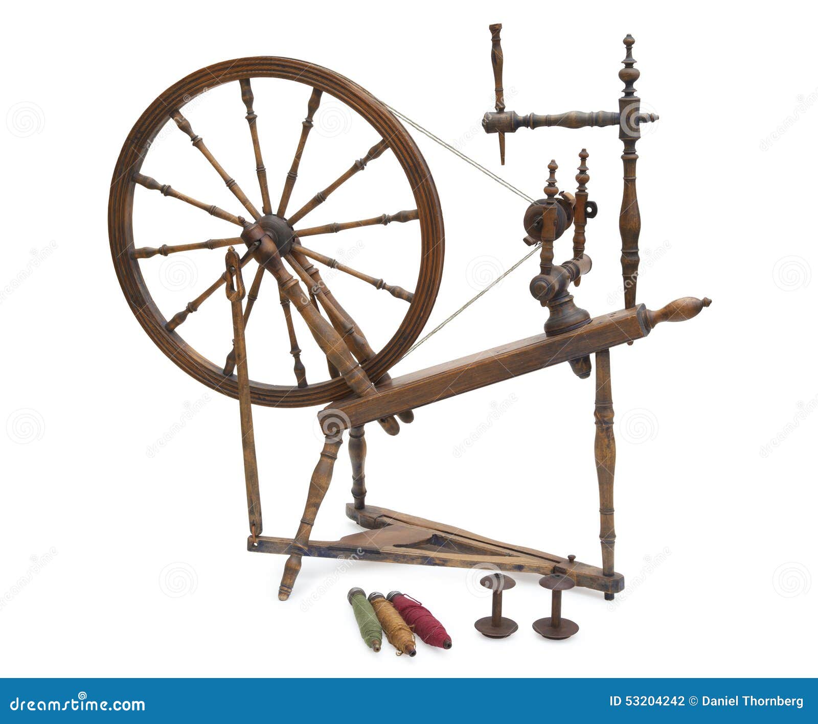 Antique Spinning Wheel with Yarn and Bobbins Isolated on White Stock Photo  - Image of isolated, wooden: 53204242