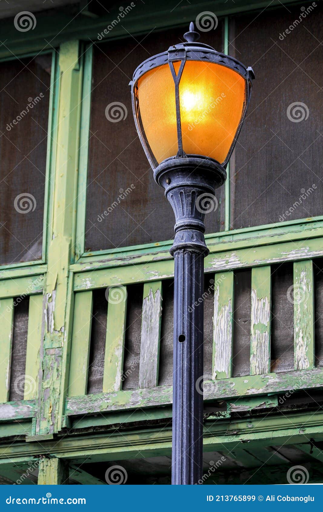 Antique Street Lamp with Yellow Light Stock Image Image of equipment