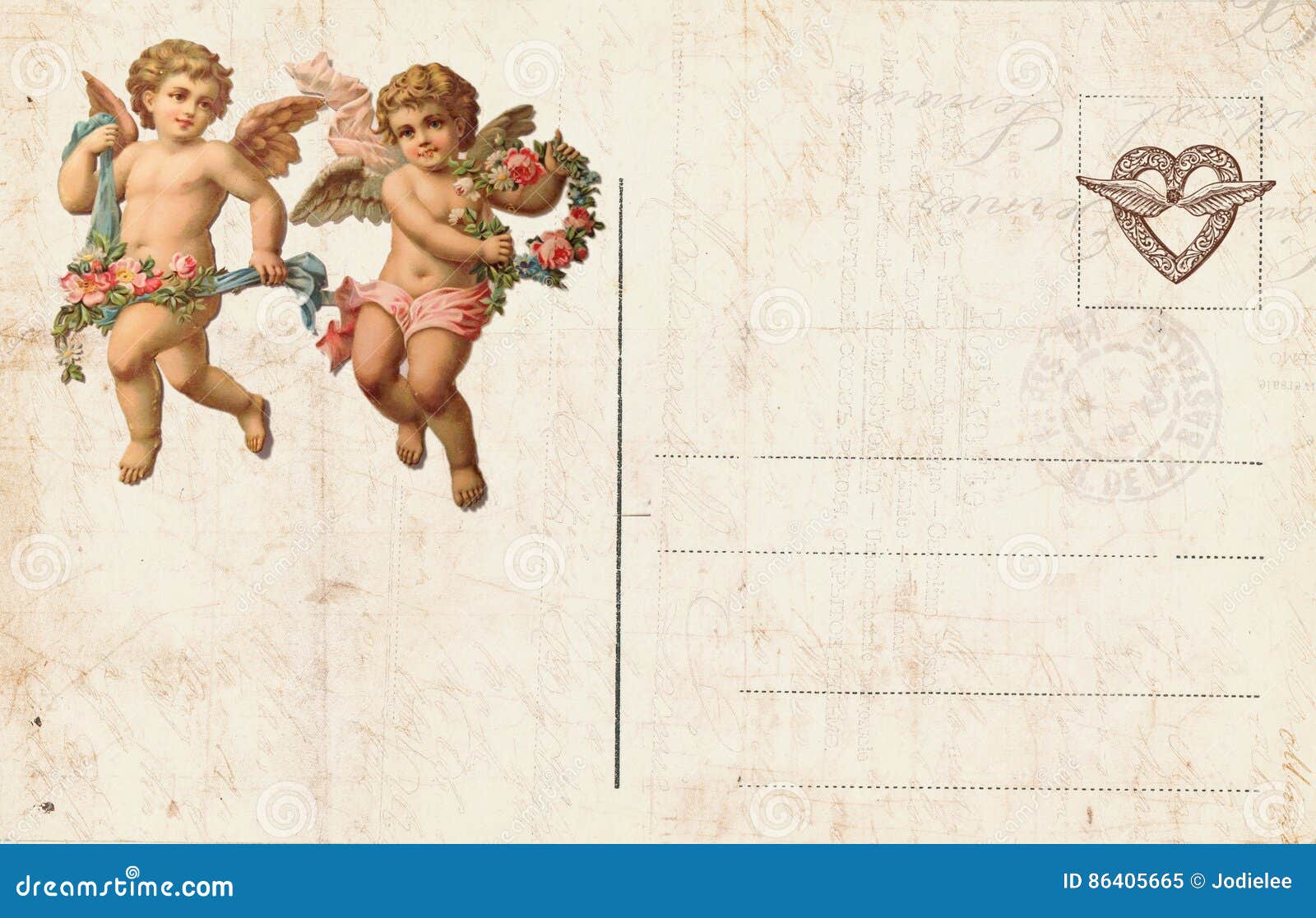 antique style valentine`s postcard featuring cupid and heart