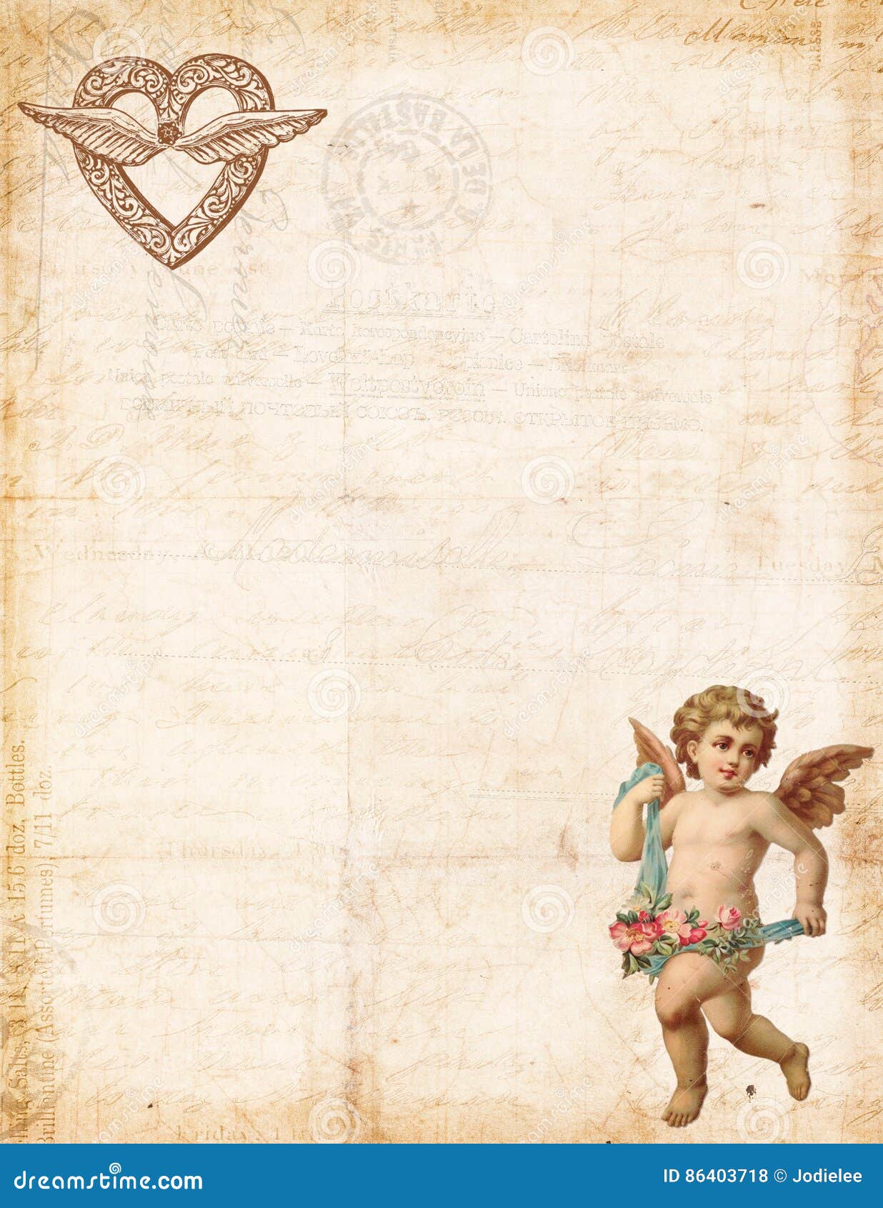 antique style valentine`s stationary featuring cupid and heart