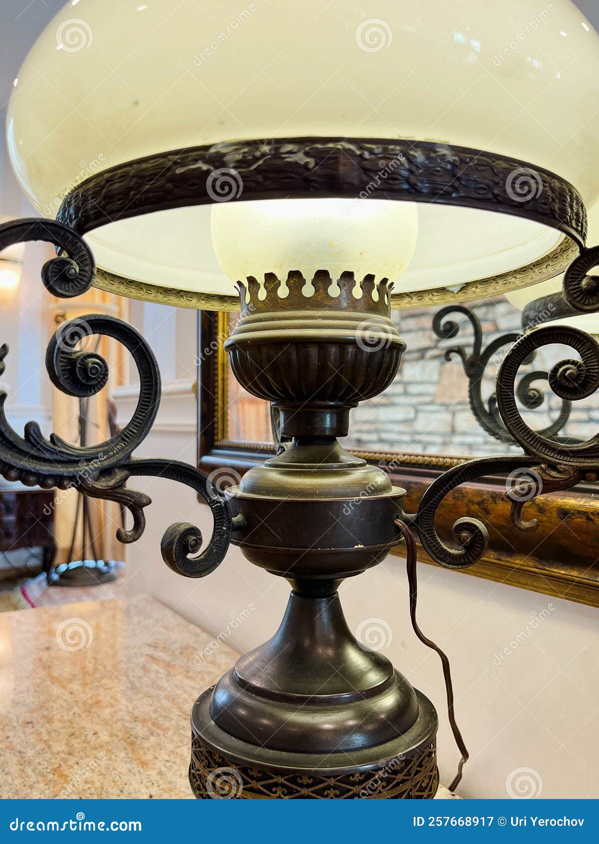 Antique Table Lamp on a Table with a Marble Top Stock Image Image of