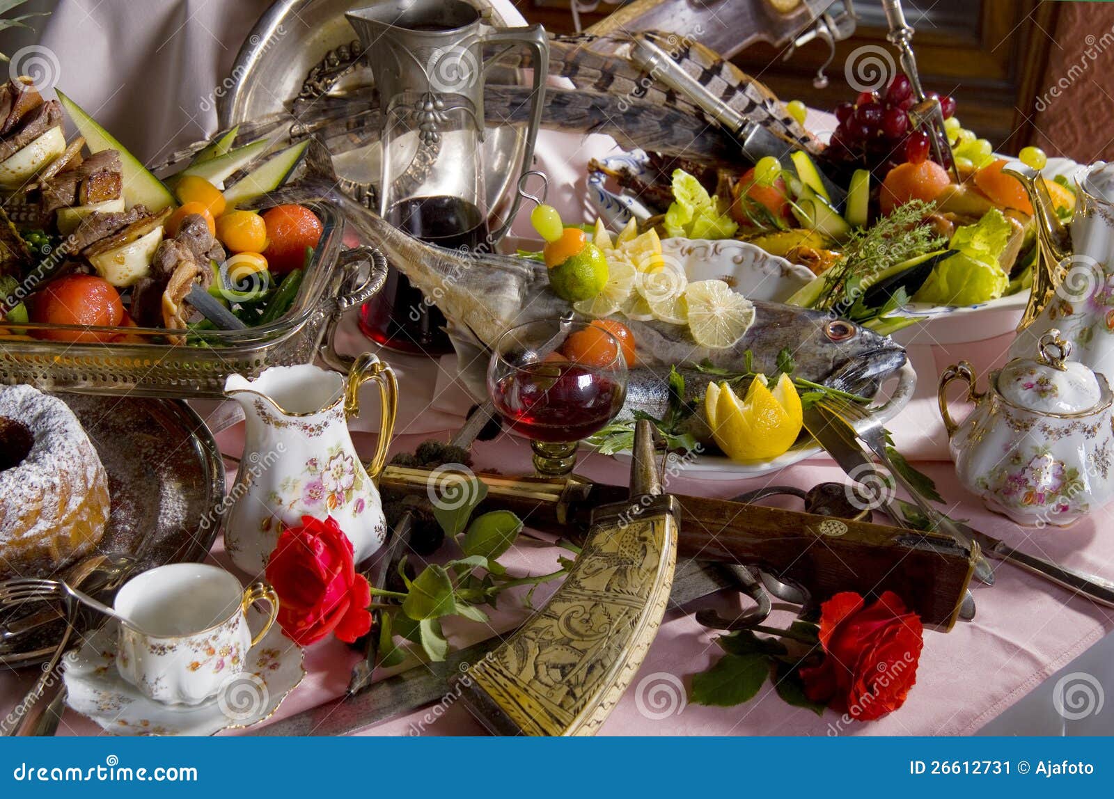 Antique Tableware and Food on Table Stock Image - Image of manor, fish: 26612731