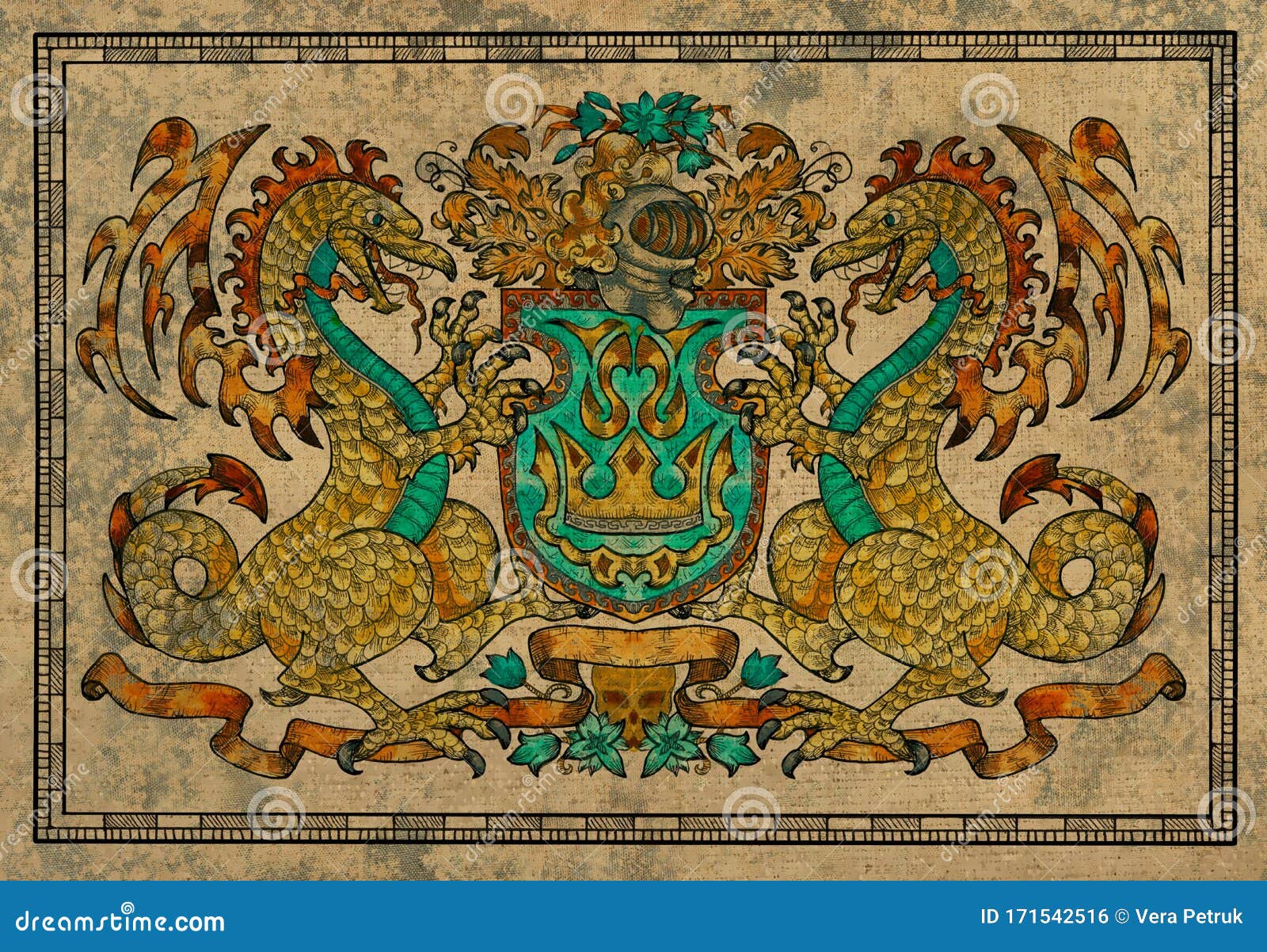 Antique Tapestry with Golden Dragons on Fabric Texture Background Stock
