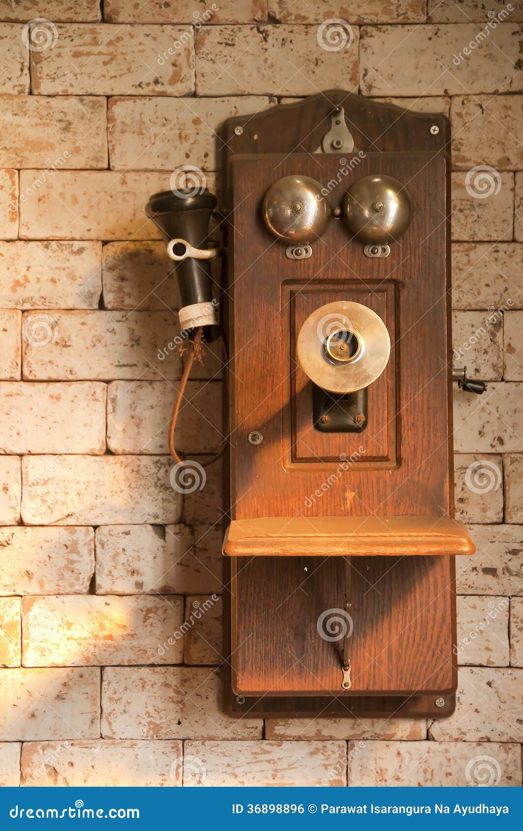 Antique Telephone on Brick Wall. Stock Photo Image of call, cable