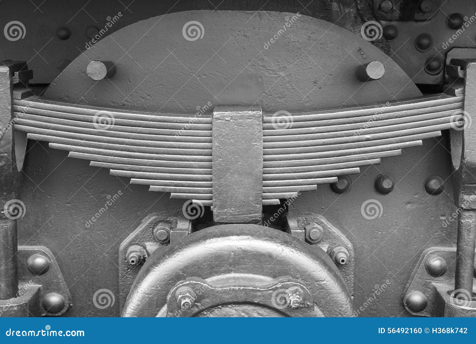 Antique Train Leaf Springs Detail in Black and White Stock Photo