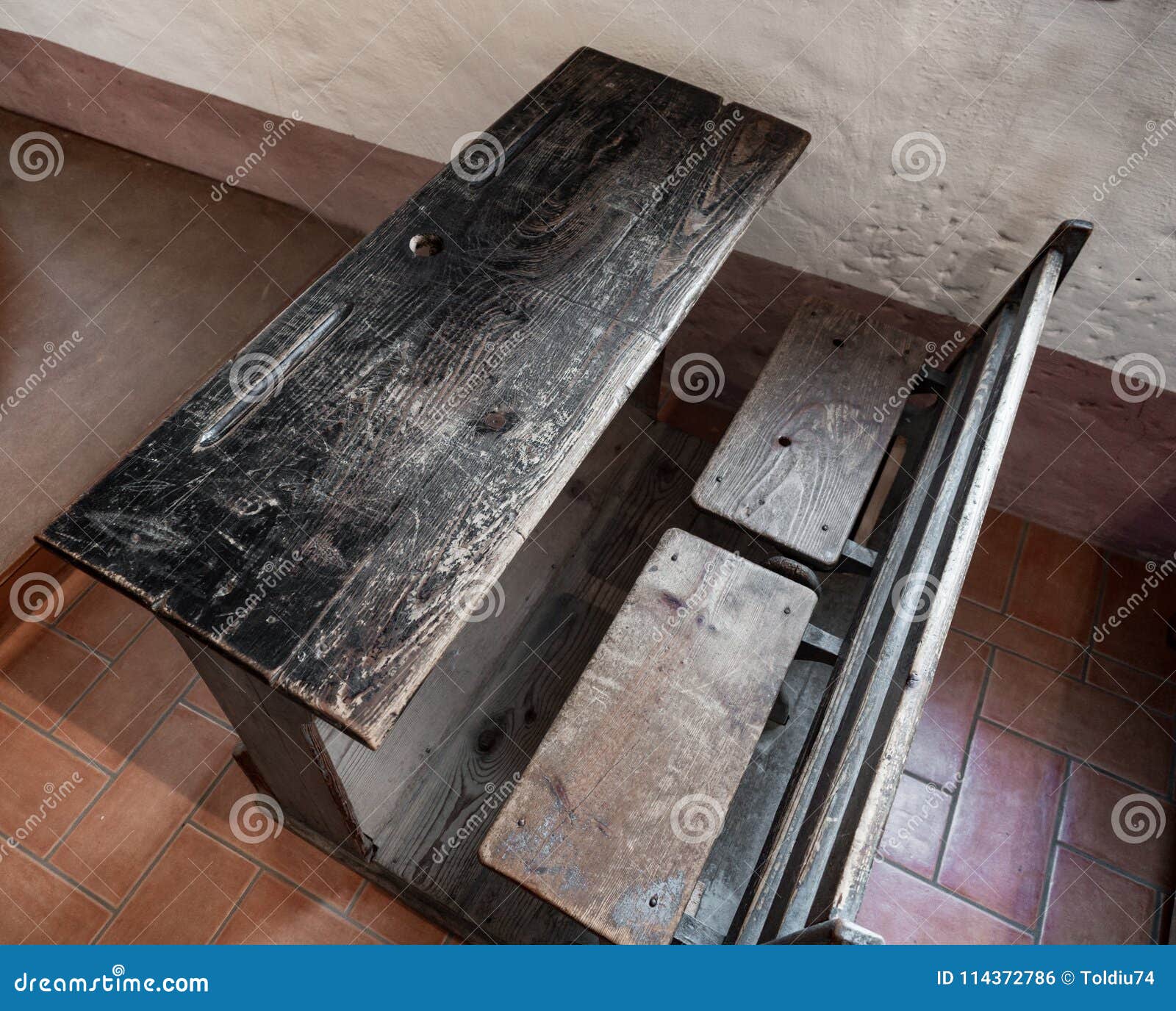 Antique Wooden School Desk With A Central Hole For The Inkwell