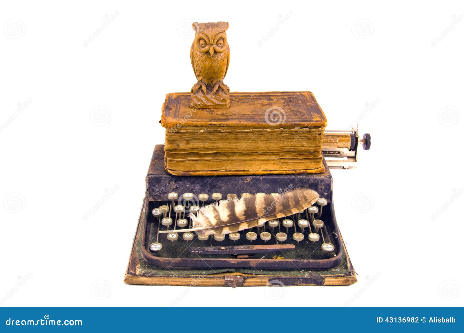 Antique Typewriter with Owl and Old Book Isolated on White Stock Photo
