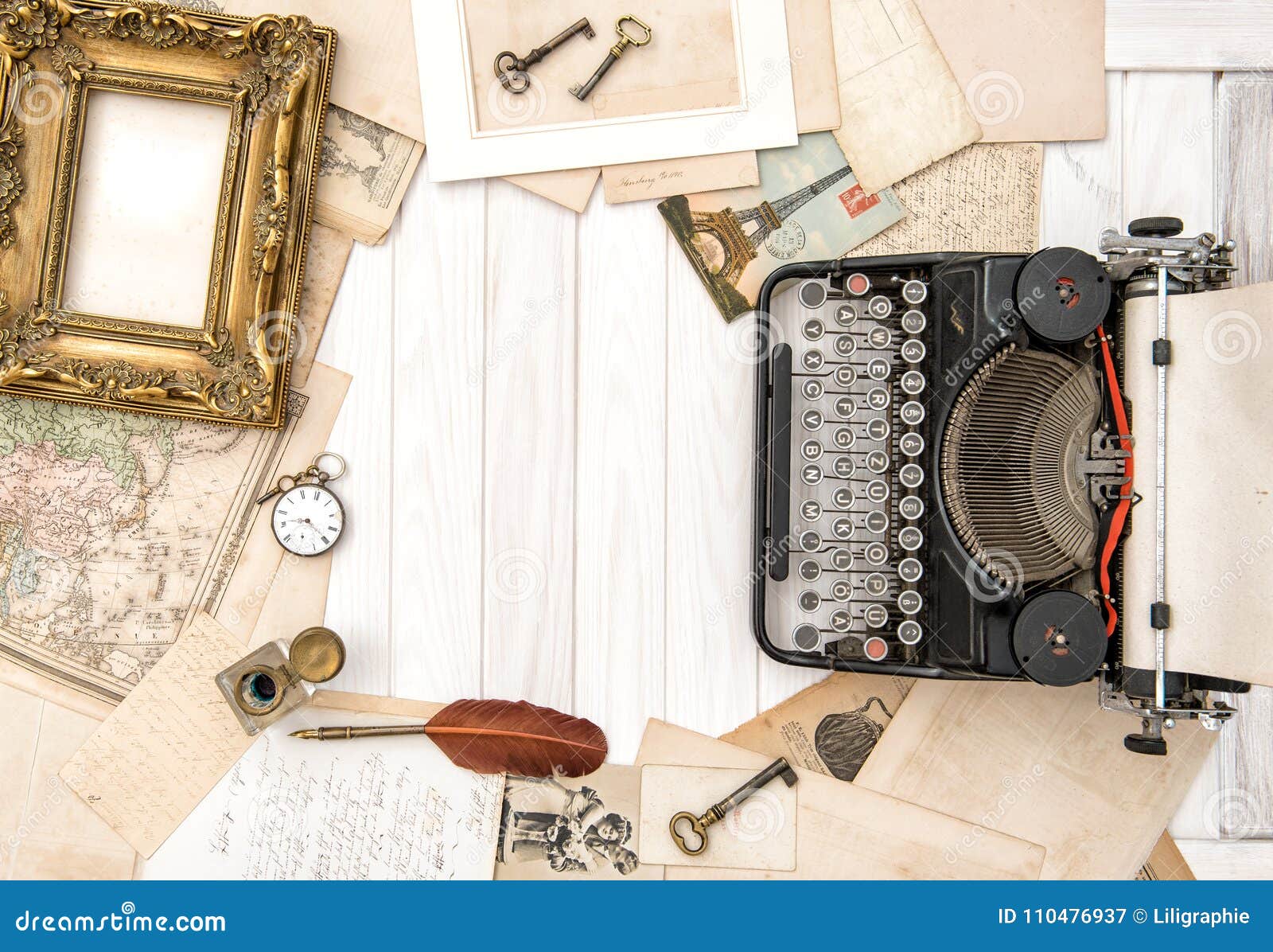 Antique Typewriter Vintage Office Accessories Flat Lay Still Life