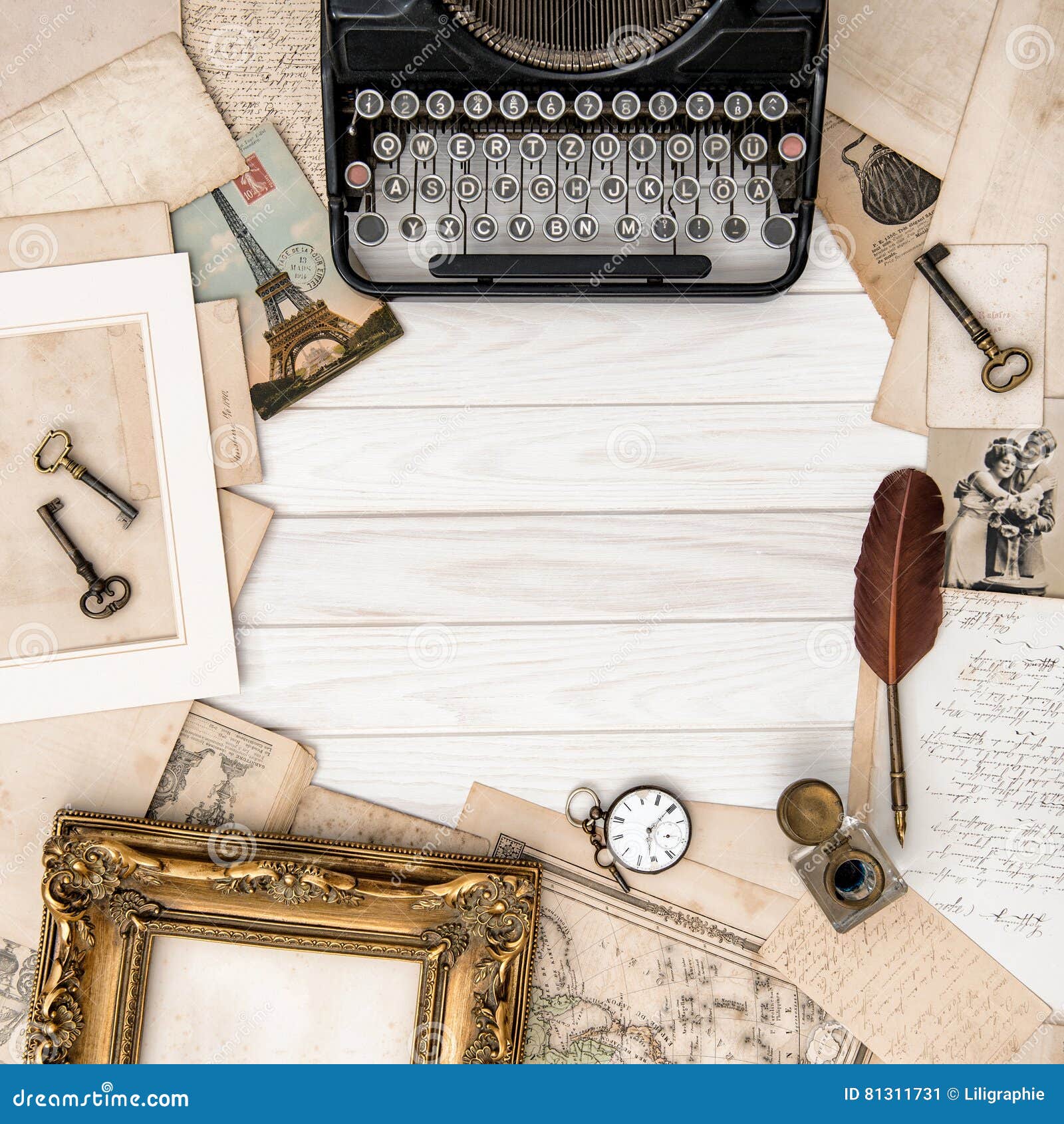 Antique Typewriter Vintage Office Tools Flat Lay Stock Image Image of