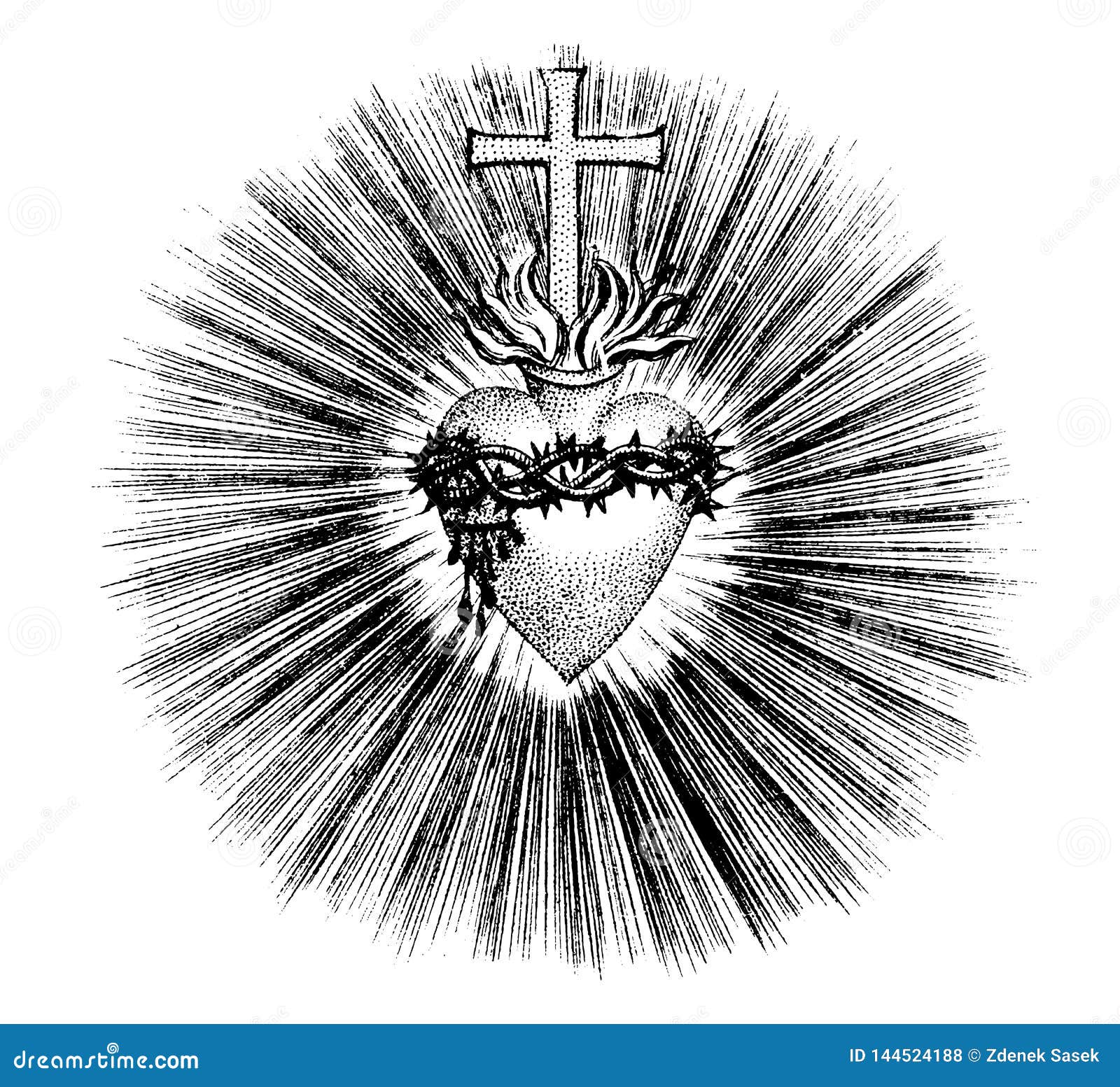 vintage  drawing or engraving of grunge antique  of christian heart with cross, flames and crown of