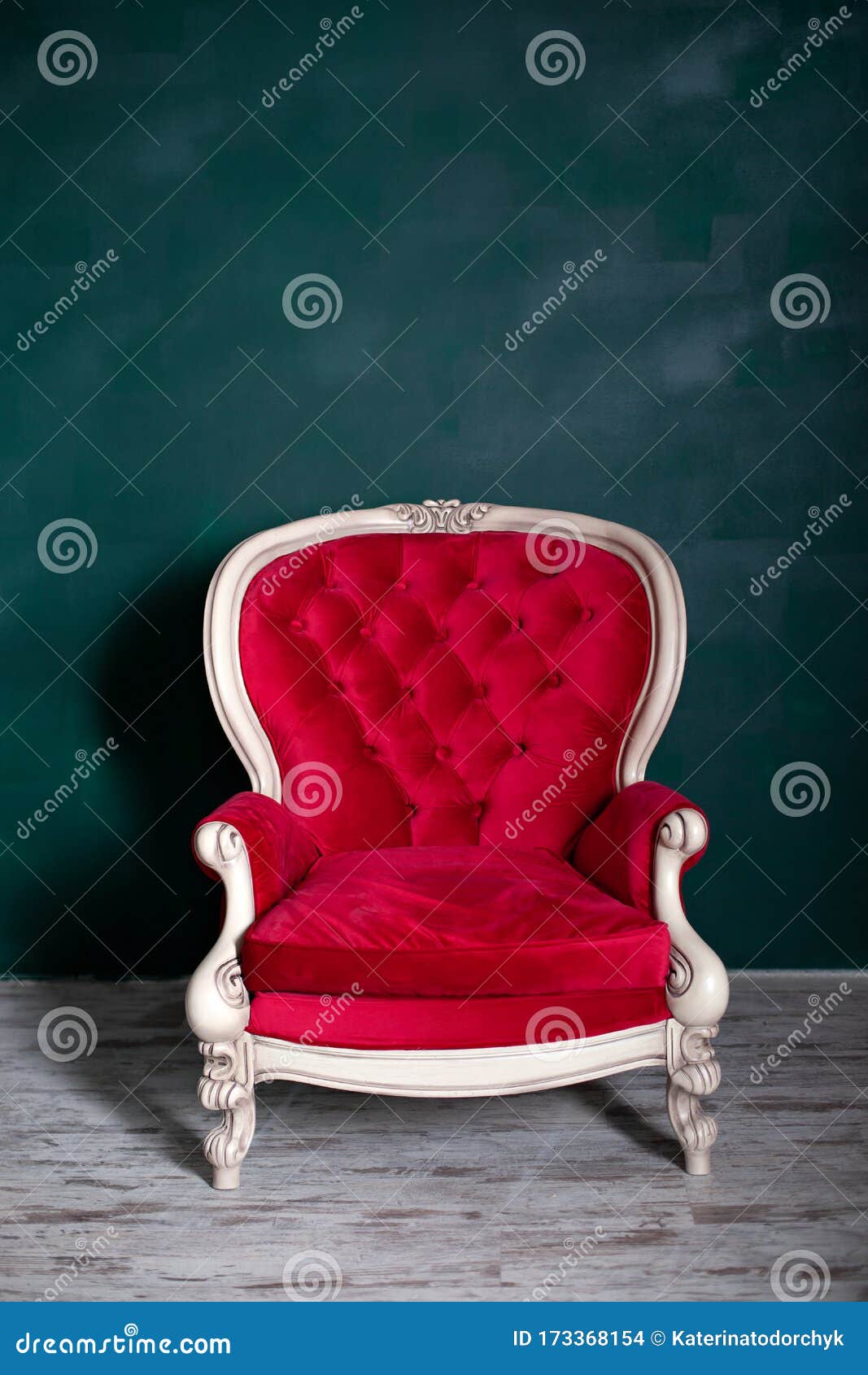 Antique Velvet Red Armchair Near Emerald Wall. Red Armchair Isolated on  Green Background. Vintage Chair on Living Room Stock Photo - Image of  couch, modern: 173368154