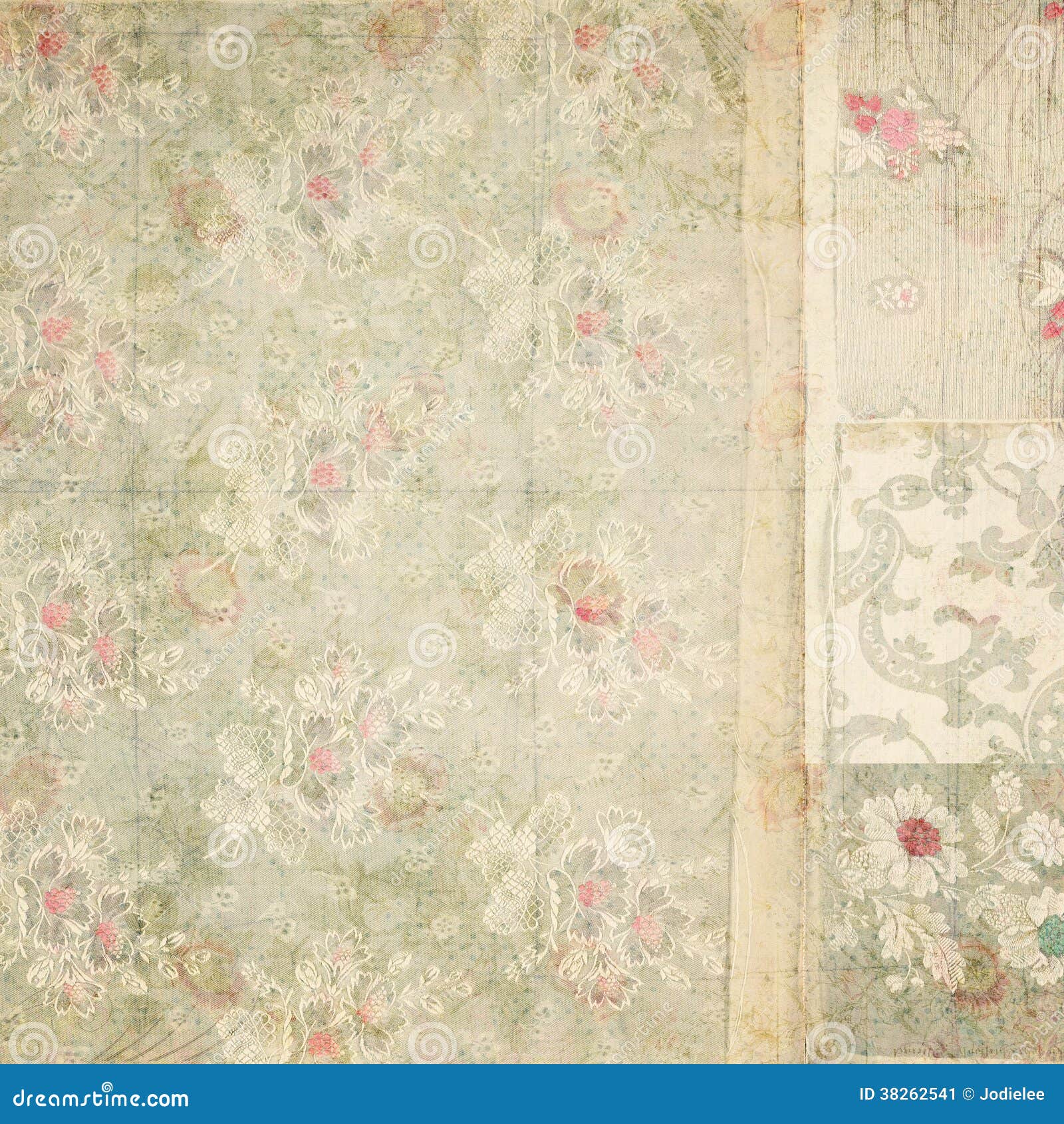 Patchwork of grungy textured antique vintage floral wallpaper collage background shabby chic or victorian style