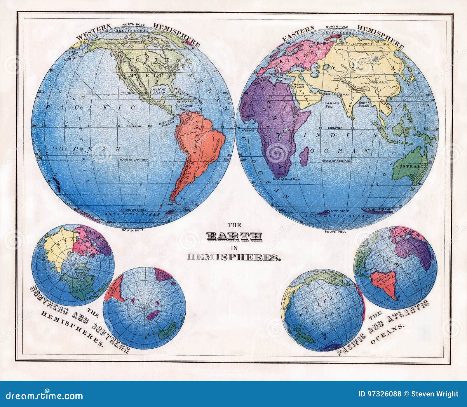 1874 antique warren print of the world in hemispheres with polar projections