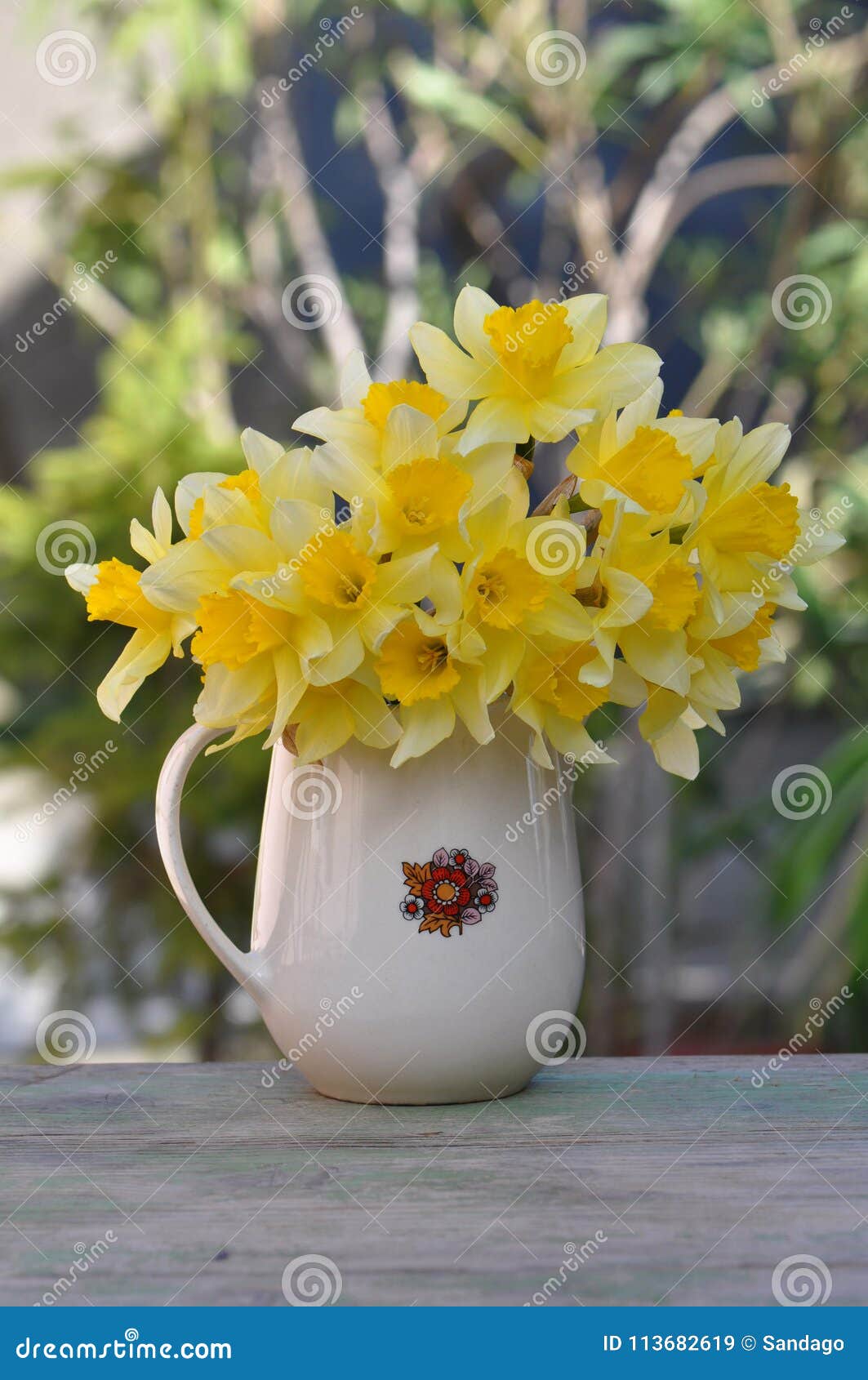 Water jug with daffodils stock image. Image of birth 113682619