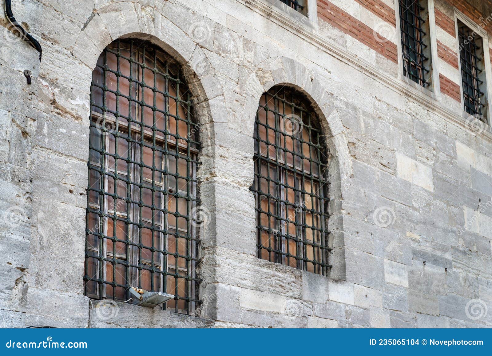 Antique Windows with Bars. Restoration Objects. Tourist Location Stock