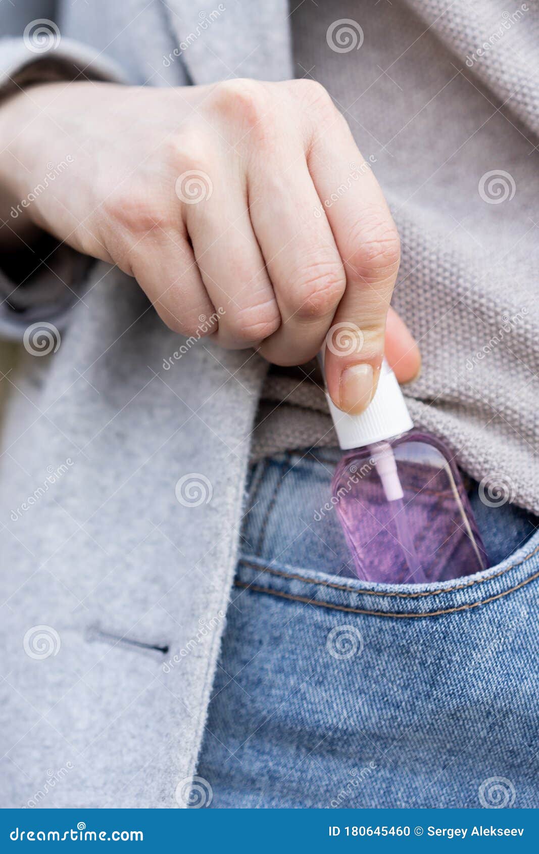Antiseptic in the Pocket of Jeans on the Street Stock Photo Image of