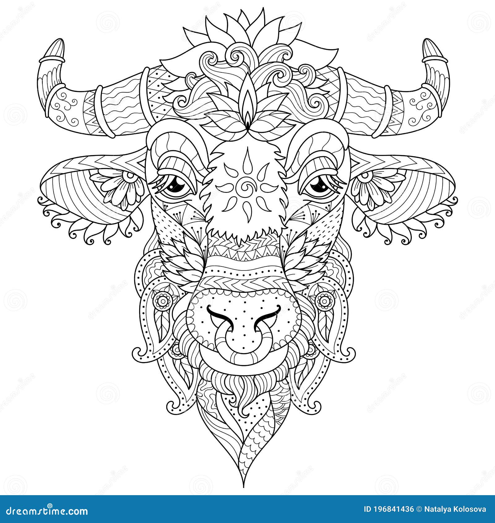 cow coloring face head antistress mandala illustration